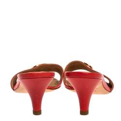 Chanel Coral Leather Gold CC Embellished Slide Sandals Size 40