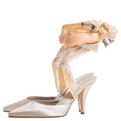Chanel Ivory Satin And Pastel Ombre Chiffon Ankle Wrap Pointed Toe Sandals Size 38