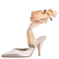 Chanel Ivory Satin And Pastel Ombre Chiffon Ankle Wrap Pointed Toe Sandals Size 38