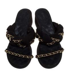 Pre Owned Chanel Black Suede Braided Chain Embellished Slide Sandals Size 39