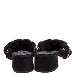 Pre Owned Chanel Black Suede Braided Chain Embellished Slide Sandals Size 39