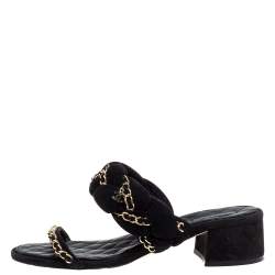 Pre Owned Chanel Black Suede Braided Chain Embellished Slide Sandals Size 39