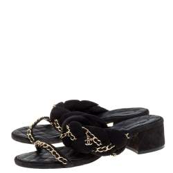 Pre Owned Chanel Black Suede Braided Chain Embellished Slide Sandals Size 39