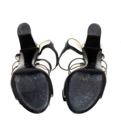 Pre Owned  صندل شانيل سير كاحل سي سي مقدمة مفتوحة قفصي فيونكة مزخرف لؤلؤ جلد أسود مقاس 39