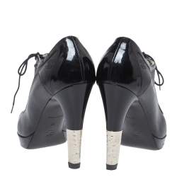 Chanel Black Leather And Patent Cap Toe Lace Up Platform Ankle Boots Size 38