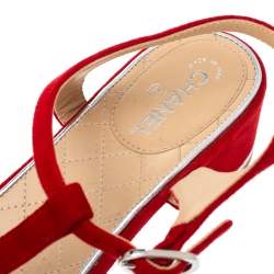 Pre Owned Chanel Red Suede T Strap Thong Sandals Size 38.5