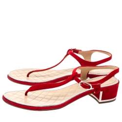 Pre Owned Chanel Red Suede T Strap Thong Sandals Size 38.5