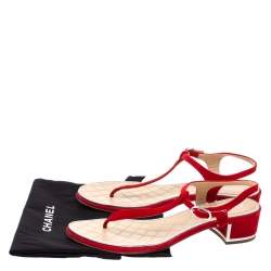 Pre Owned Chanel Red Suede T Strap Thong Sandals Size 38.5