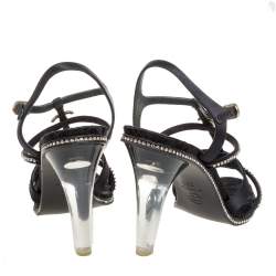 Pre Owned صندل شانيل طراز سيور و كعب زجاج عضوي و مزخرف كريستال ساتان أسود مقاس 39