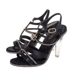 Pre Owned صندل شانيل طراز سيور و كعب زجاج عضوي و مزخرف كريستال ساتان أسود مقاس 39