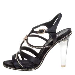 Pre Owned صندل شانيل طراز سيور و كعب زجاج عضوي و مزخرف كريستال ساتان أسود مقاس 39