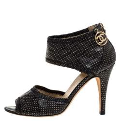 Chanel Black Leather Metallic Polka Dot Peep Toe Sandals Size 36 