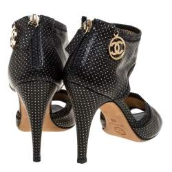 Chanel Black Leather Metallic Polka Dot Peep Toe Sandals Size 36 