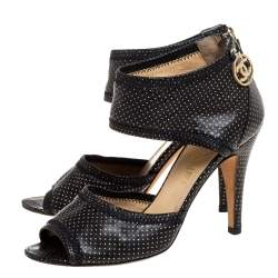 Chanel Black Leather Metallic Polka Dot Peep Toe Sandals Size 36 