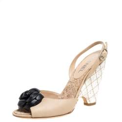 Chanel Nude Beige Leather Camellia Cork Wedge Sandals Size 37