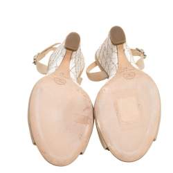 Chanel Nude Beige Leather Camellia Cork Wedge Sandals Size 37