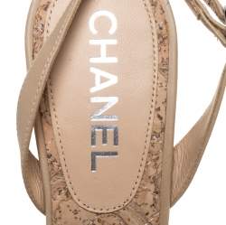 Chanel Nude Beige Leather Camellia Cork Wedge Sandals Size 37