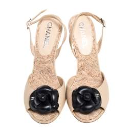Chanel Nude Beige Leather Camellia Cork Wedge Sandals Size 37