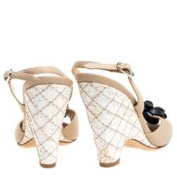 Chanel Nude Beige Leather Camellia Cork Wedge Sandals Size 37