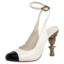 مملوكة مسبقًا Chanel Cream/Black Leather Cap Toe Slingback Sandals Size 38.5