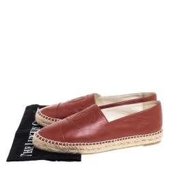 Pre Owned Chanel Copper Brown Leather CC Cap Toe Espadrille Flats Size 39