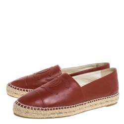 Pre Owned Chanel Copper Brown Leather CC Cap Toe Espadrille Flats Size 39