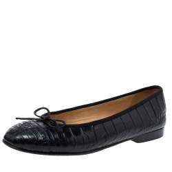 Chanel Black Crocodile CC Bow Cap Toe Ballet Flats Size 38.5 Chanel