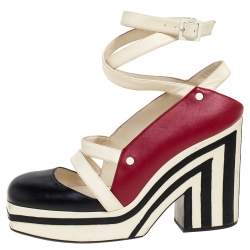 مملوكة مسبقًا Chanel  Tri Color Leather Ankle Wrap Square Toe Platform Sandal Size 38