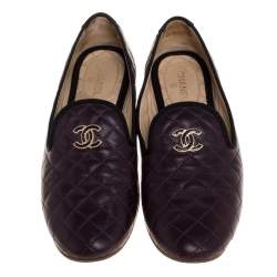 Chanel Burgundy Quilted Leather CC Smoking Slippers Size 38.5