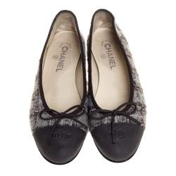 Chanel Grey Tweed And Leather Cap Toe CC Bow Ballet Flats Size 38