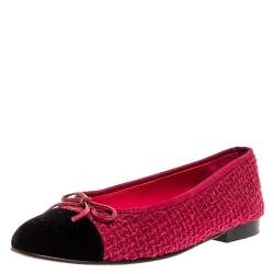 Chanel Pink/Black Sequin Tweed And Velvet Cap Toe CC Bow Ballet Flats Size  39 Chanel