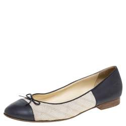Chanel Grey/Beige Canvas And Leather Bow Cap Toe Ballet Flats Size