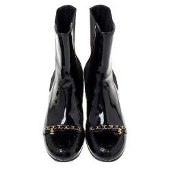 Chanel Black Patent Leather Chain Detail Mid Length Boots Size 41