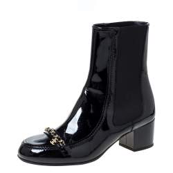 Chanel Black Patent Leather Chain Detail Mid Length Boots Size 41