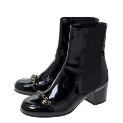 Chanel Black Patent Leather Chain Detail Mid Length Boots Size 41