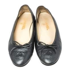 Pre Owned Chanel Metallic Grey Leather Bow Ballet Flats Size 38