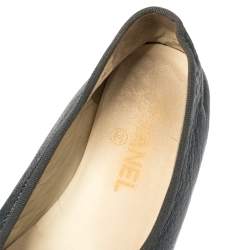 Pre Owned Chanel Metallic Grey Leather Bow Ballet Flats Size 38