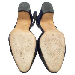 Pre Owned Chanel Blue/Black Velvet Block Heels Slingback Sandals Size 36.5