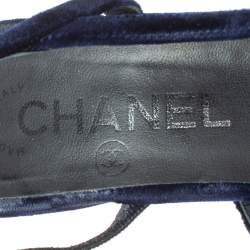 Pre Owned Chanel Blue/Black Velvet Block Heels Slingback Sandals Size 36.5