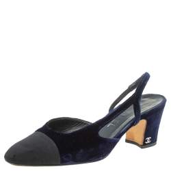 Chanel Blue/Black Velvet Block Heels Slingback Sandals Size 36.5 Chanel
