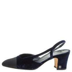 Pre Owned Chanel Blue/Black Velvet Block Heels Slingback Sandals Size 36.5
