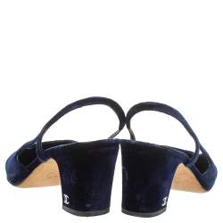 Pre Owned Chanel Blue/Black Velvet Block Heels Slingback Sandals Size 36.5