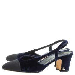 Pre Owned Chanel Blue/Black Velvet Block Heels Slingback Sandals Size 36.5