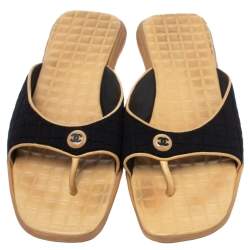 Pre Owned Chanel Black/Beige Fabric and Leather Trim CC Slide Sandals Size 41