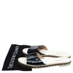 Pre Owned Chanel Navy Blue Patent Leather Chain Detail Slide Flat Sandals Size 40
