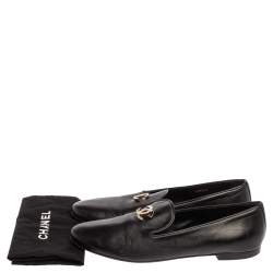 Pre Owned Chanel Black Leather CC Moccasin Loafers Size 38
