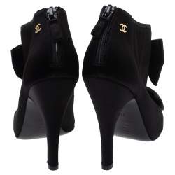 Chanel Black Satin CC Bow Peep Toe Booties Size 36
