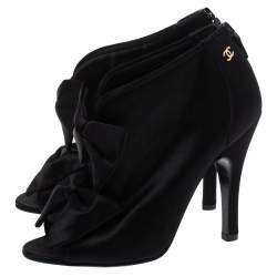 Chanel Black Satin CC Bow Peep Toe Booties Size 36