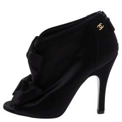 Chanel Black Satin CC Bow Peep Toe Booties Size 36