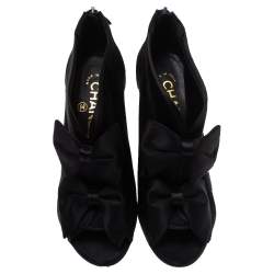 Chanel Black Satin CC Bow Peep Toe Booties Size 36
